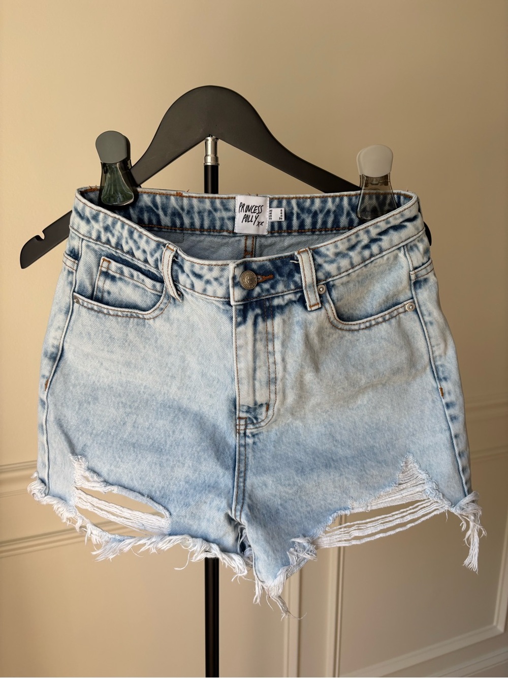 Princess Polly Light Blue Distressed High-Waist Denim Shorts
